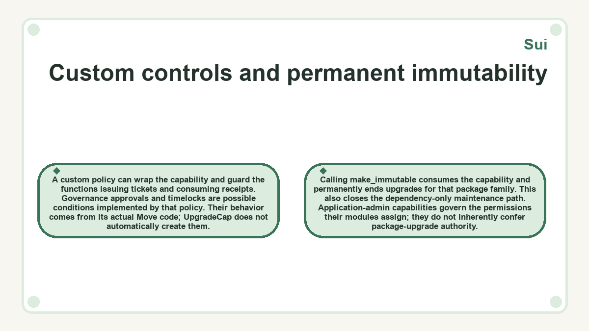 Visual summary: Custom controls and permanent immutability (Sui)